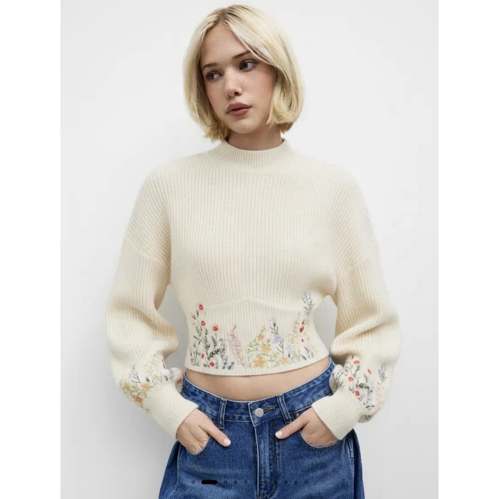 NWT Cider Womens Embroidered High Neck Sweater Cream Wide Sleeves Crop Sz XXL - Picture 12 of 13